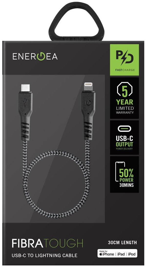 Кабель EnergEA FibraTough USB-C - Lightning MFI 30cm чёрный, картинка 2
