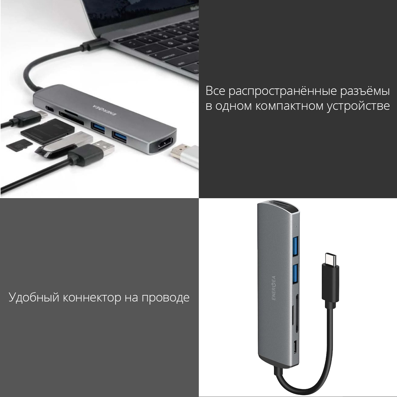 Разветвитель EnergEA AluHUB HD 6-in-1 Superspeed Aluminium USB-C 3.1 Gunmetal, картинка 2