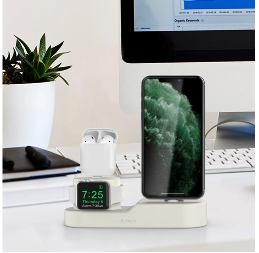 Подставка для зарядки Deppa 3-в-1 (iPhone, AirPods 1/2/Pro, Apple Watch 1/2/3/4/5) - кремовый, картинка 2