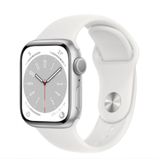 Apple Watch Series 8, 41 мм, цвета Silver, спортивный браслет White, картинка 1