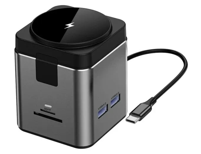 Беспроводное зарядное устройство WiWU Wi-W025 Cube Hub 9 in 1 USB-C Docking 100W Grey, картинка 2