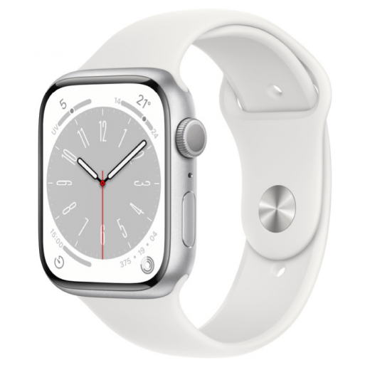 Apple Watch Series 8, 45 мм, цвета Silver, спортивный браслет White, картинка 1