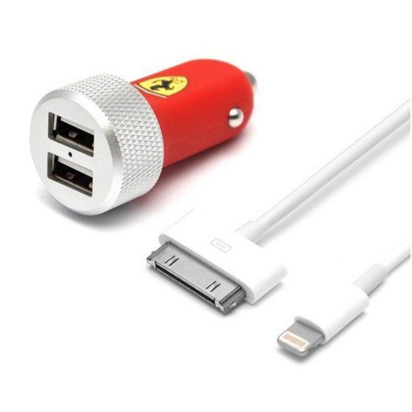 Автомобильное ЗУ Ferrari Car Charger 2 USB 2.1A + Lightning + 30 pin Cable - Red, картинка 2