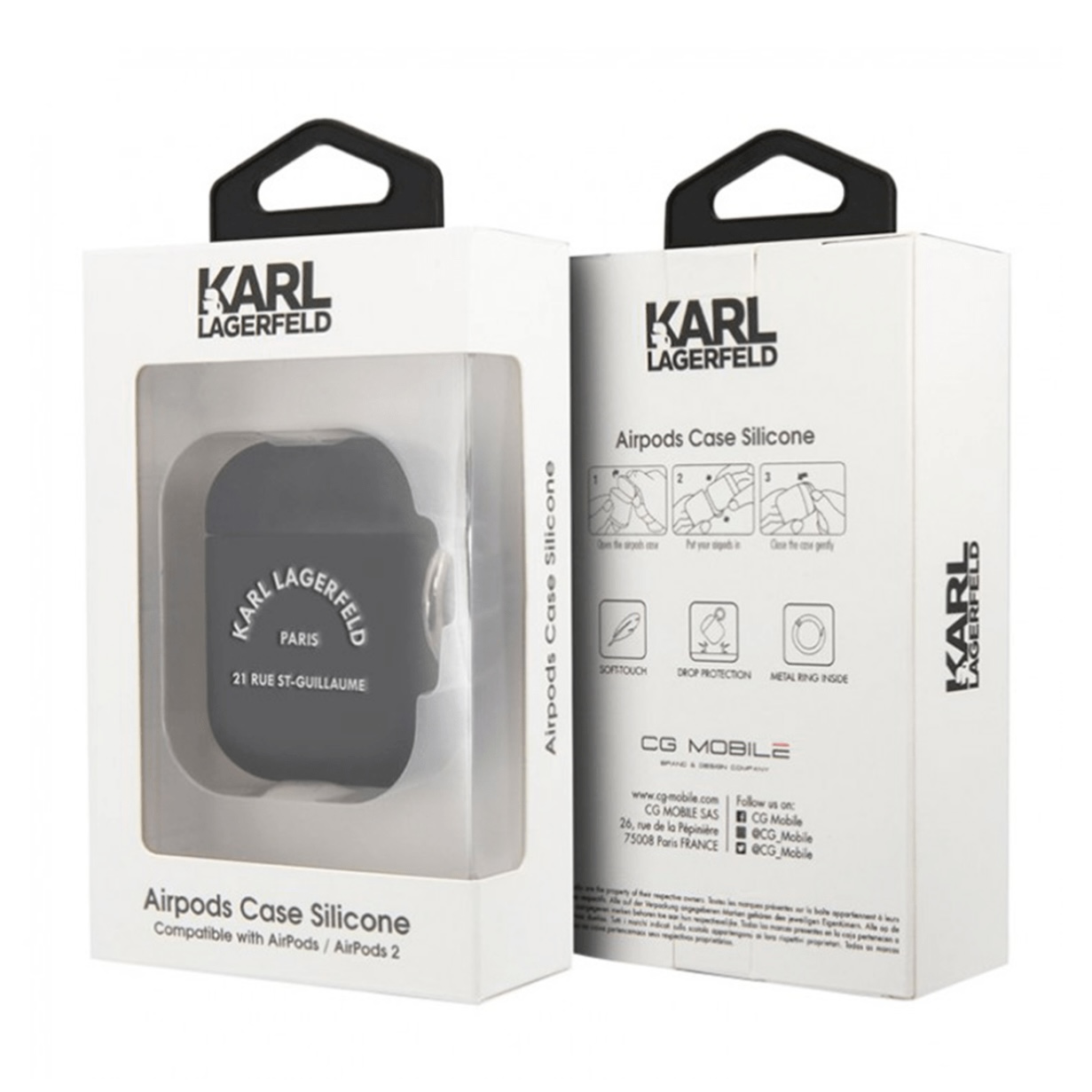 Чехол для AirPods 1/2 KARL LAGERFELD Silicone case with ring RSG logo Black, картинка 3