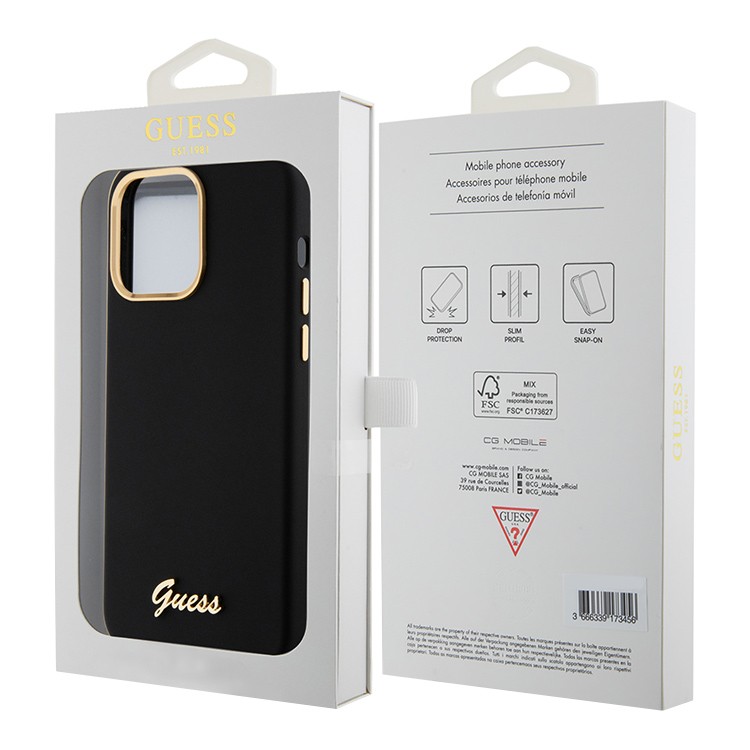 Чехол для iPhone 15 Pro Max GUESS Silikone Gold metal logo Camera fhame Hard Black , картинка 5