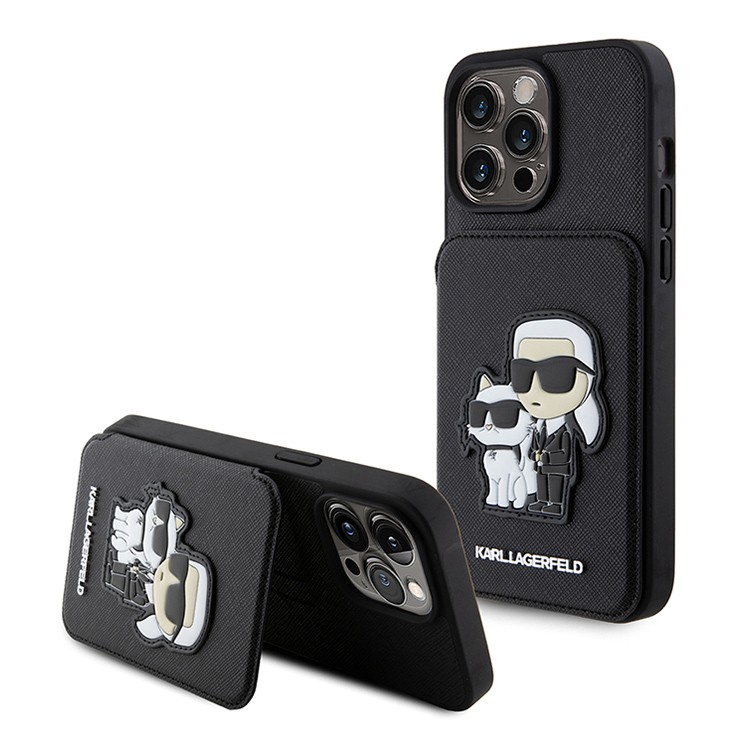 Чехол для iPhone 15 Pro Max KARL LAGERFELD Cardslot Stand PU Saffiano Karl & Choupette Hard Black, картинка 1