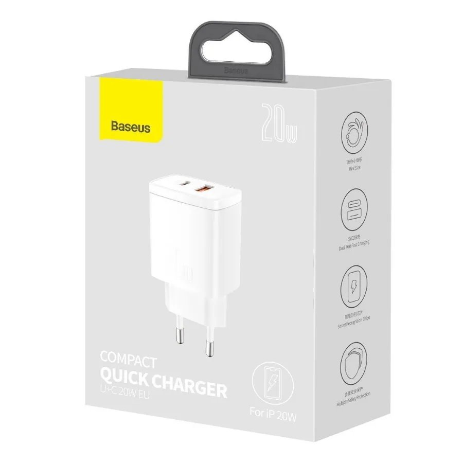 Сетевое зарядное устройство Baseus Compact Quick Charger 20W USB+Type-C, белый, картинка 4