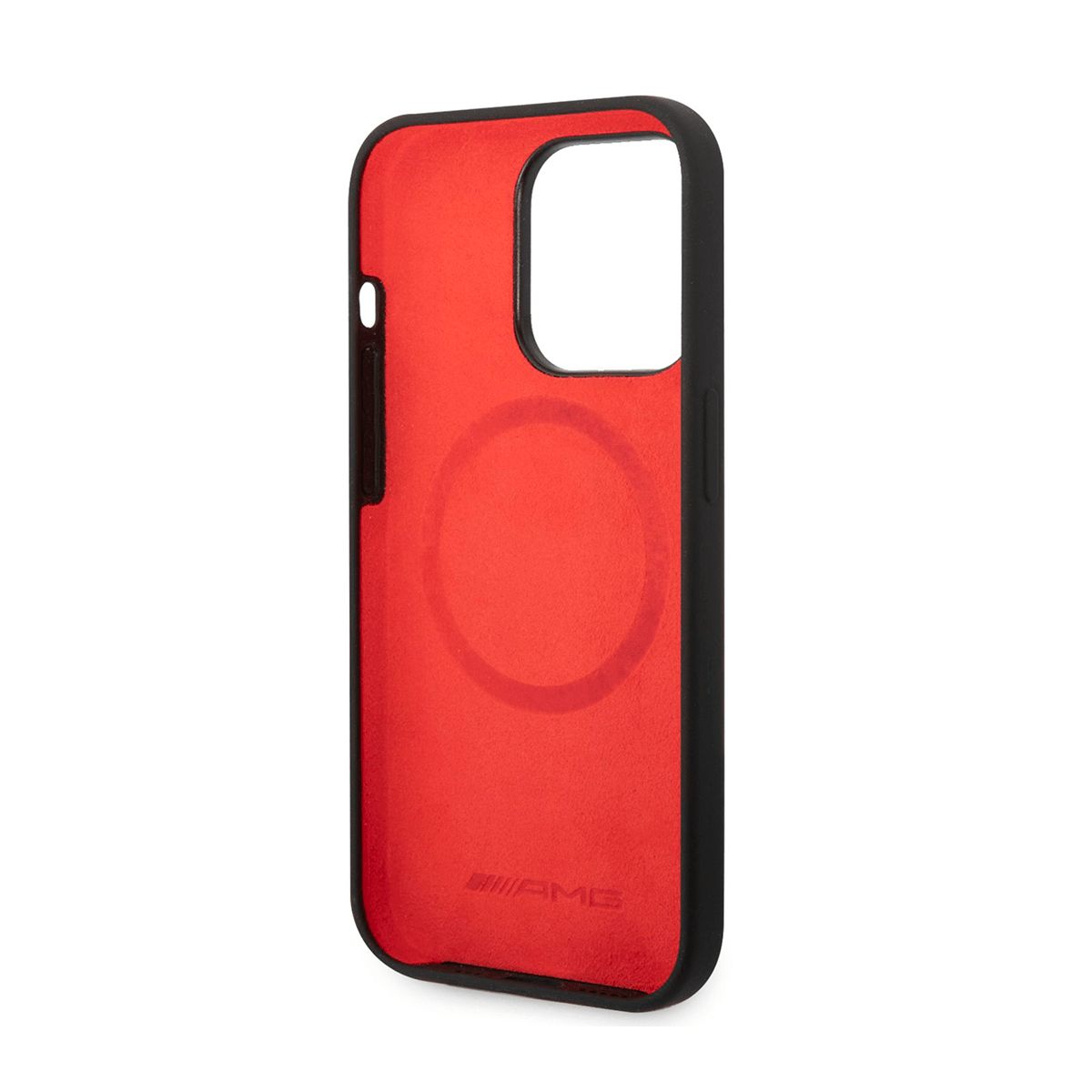Чехол для iPhone 16 Pro AMG Liquid Silicone Two tones Red line Melal Camera Hard Black MagSafe, картинка 3