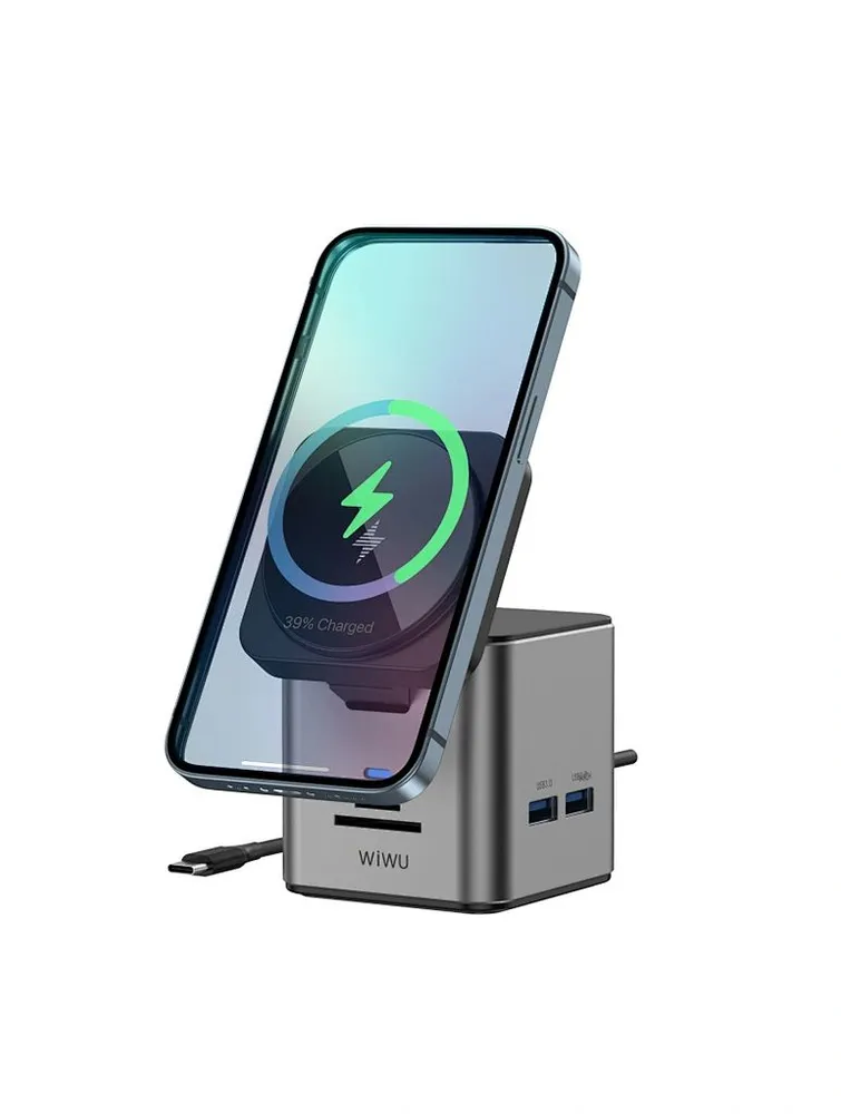 Беспроводное зарядное устройство WiWU Wi-W025 Cube Hub 9 in 1 USB-C Docking 100W Grey, картинка 1
