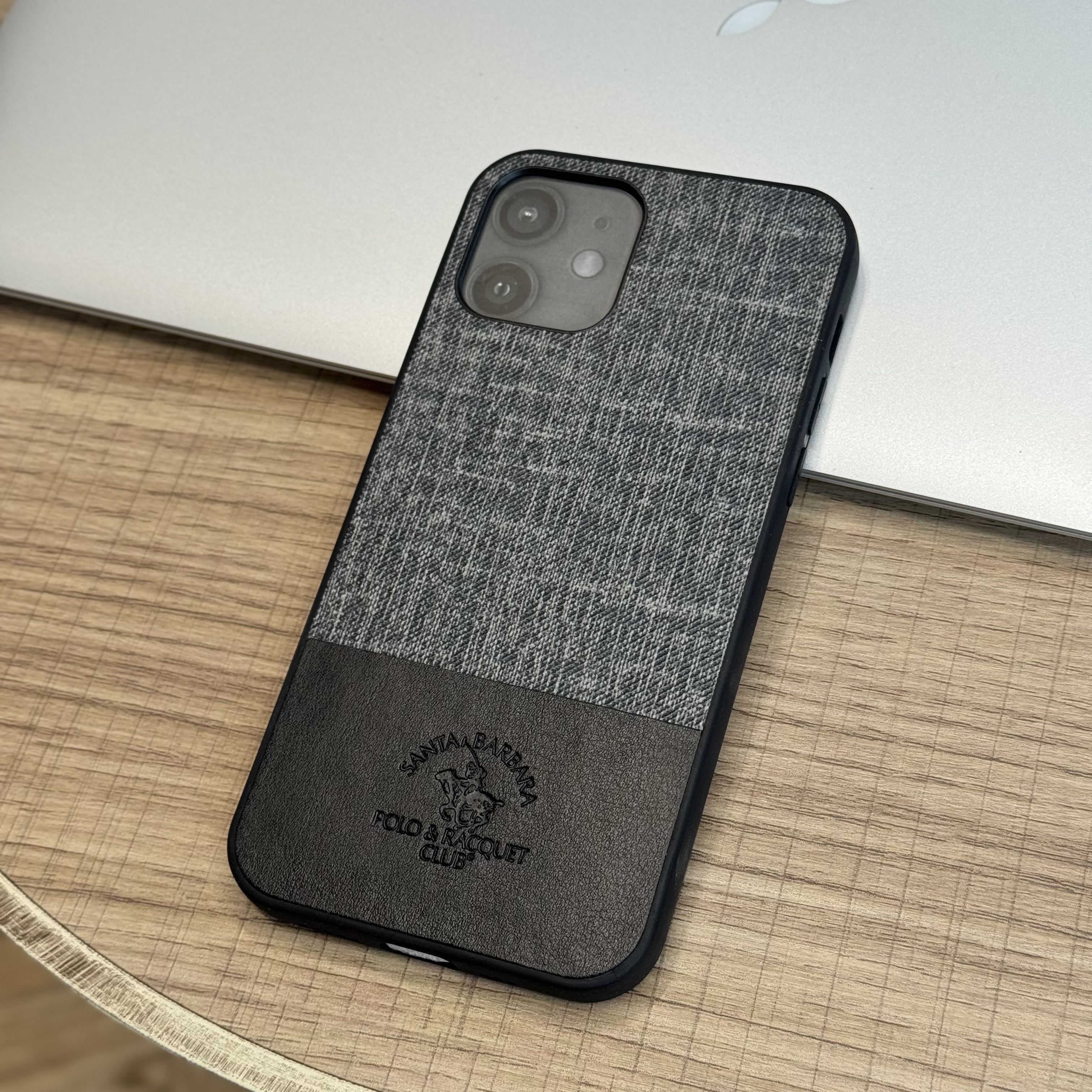 Чехол для iPhone 12/12 Pro Santa Barbara черный с серой тканью, картинка 1