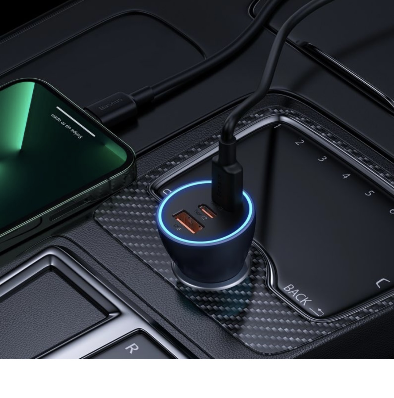 Автомобильное ЗУ Baseus Dual Quick Charger USB+Type-C 65W Gray/Blue, картинка 7
