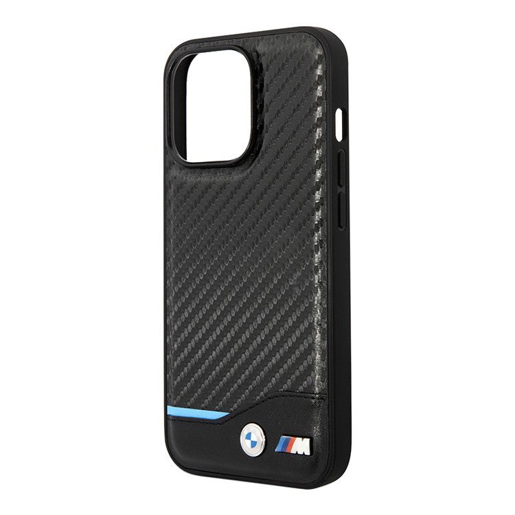 Чехол для iPhone 14 Pro Max BMW M-Collection PU Carbon with blue line Hard,черный, картинка 3