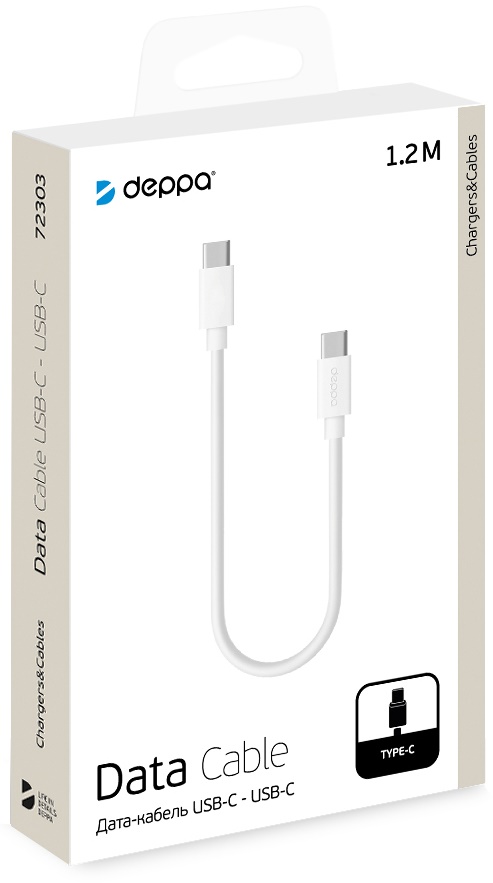 Кабель Deppa USB-C - USB-C, 3A, 1.2m - Белый, картинка 2