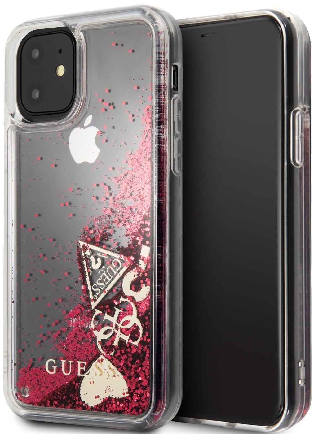 Чехол Guess для iPhone 11 Liquid Glitter Hard Hearts Raspberry, картинка 1