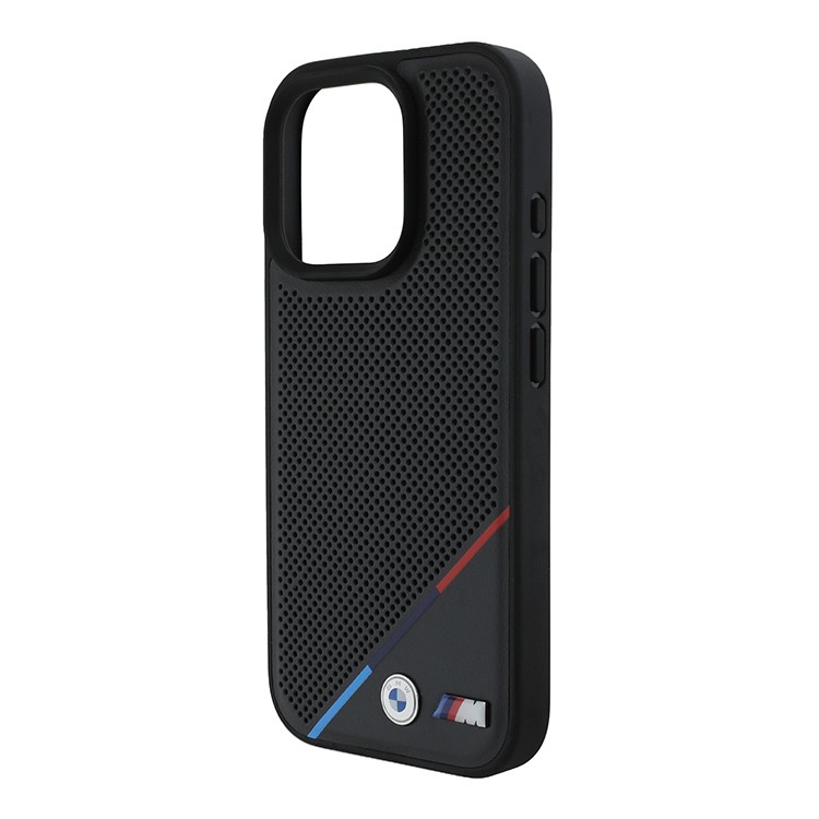Чехол для iPhone 16 Pro Max BMW PU Perforated Tricolor Metal logo Hard Black MagSafe, картинка 3