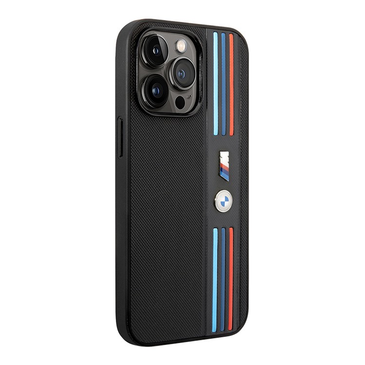Чехол для iPhone 14 Pro BMW M-Collection PU Mesh Tricolor lines,черный, картинка 2