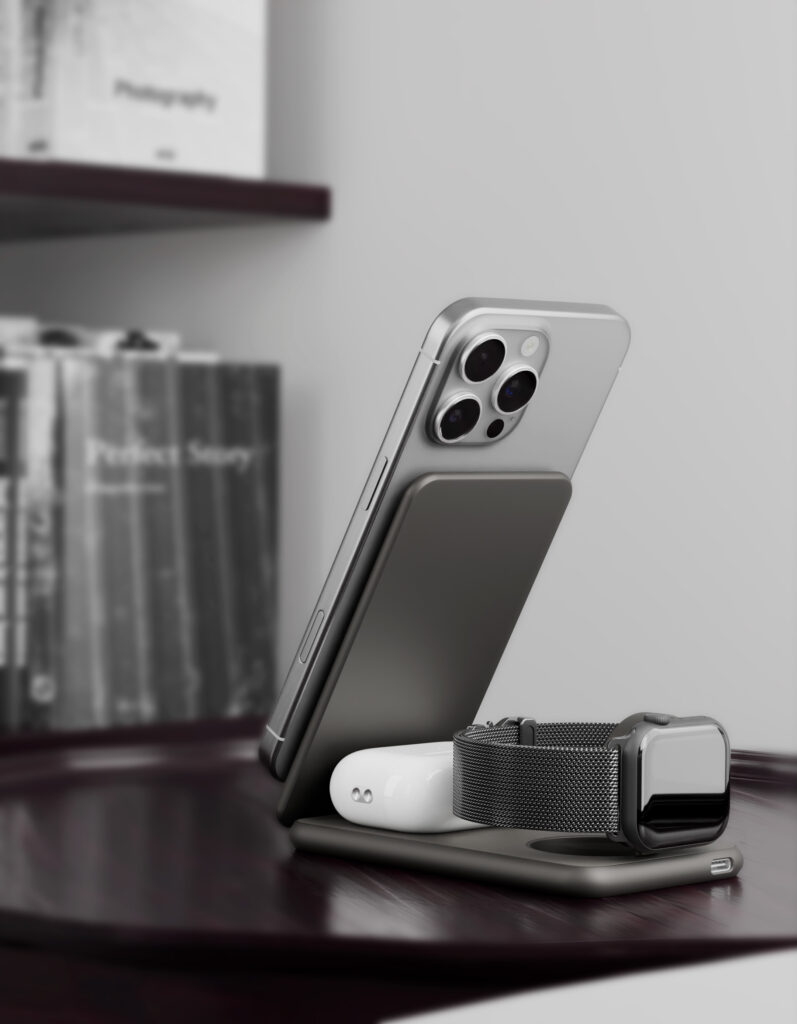 Беспроводное зарядное устройство VLP Alum Power Pro 3 in 1, натуральный титан, картинка 9