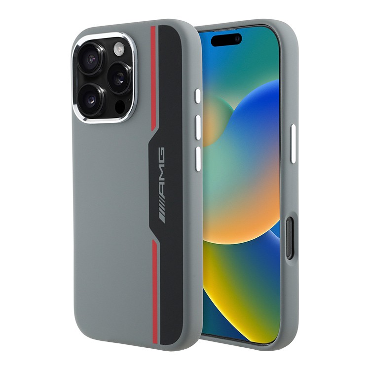 Чехол для iPhone 16 Pro Max AMG Liquid Silicone Bow lines Melal Camera Hard Grey/Red MagSafe