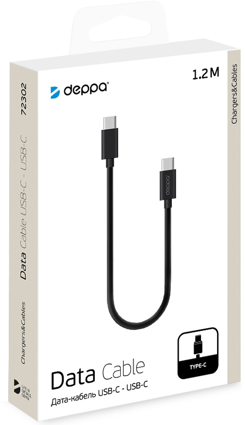 Кабель Deppa USB-C - USB-C, 3A, 1.2m - Черный, картинка 2