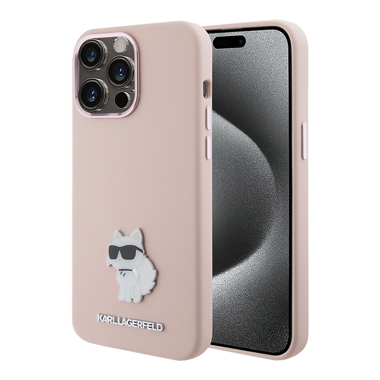 Чехол для iPhone 15 Pro Max KARL LAGERFELD Liquid silicone NFT Choupette metal pin Hard Pink, картинка 1