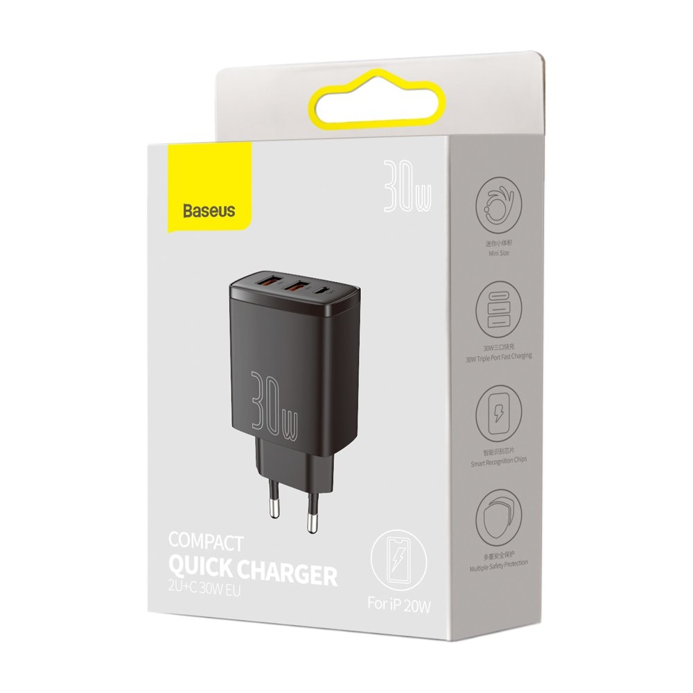 Сетевое зарядное устройство Baseus Compact Fast Charger 30W 2USB+Type-C, черный, картинка 5