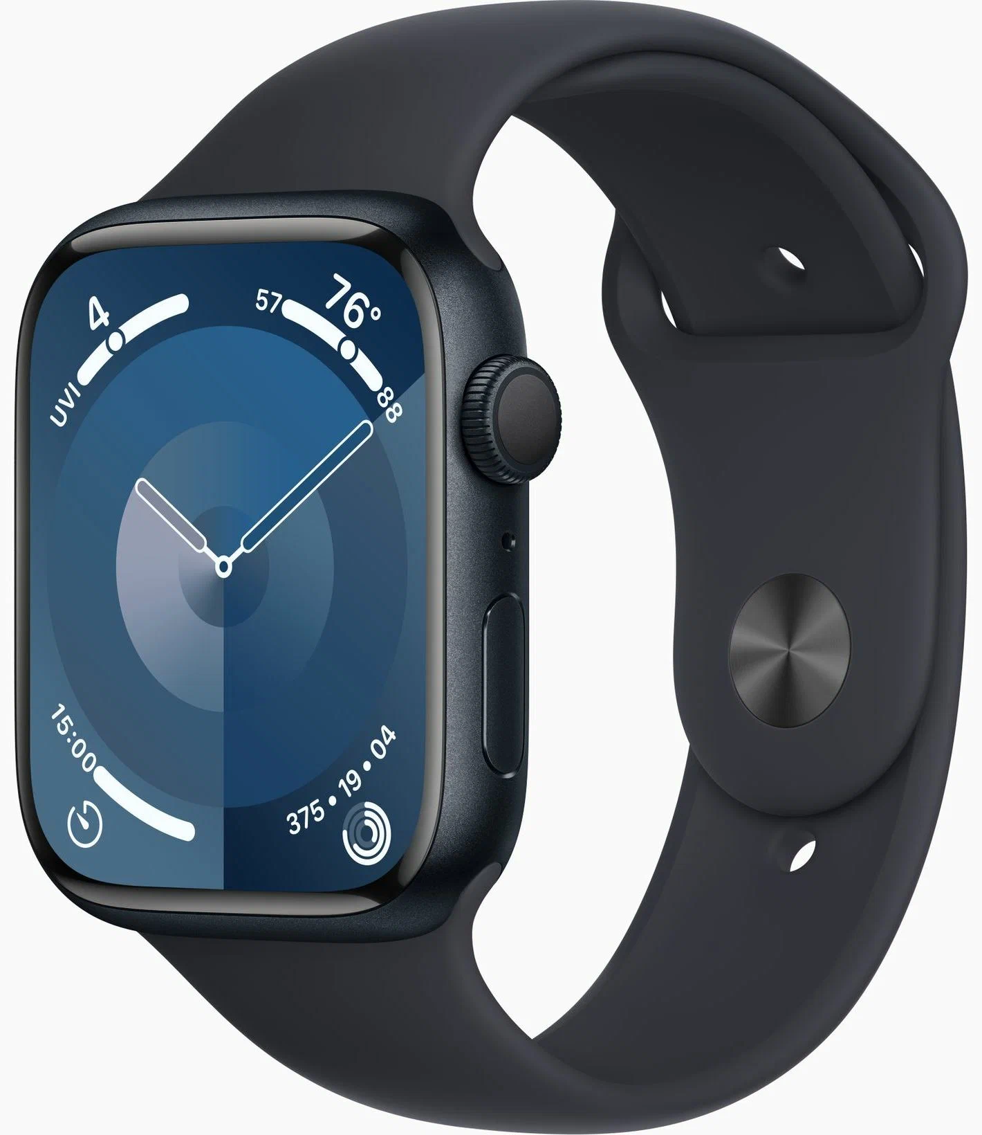 Apple Watch Series 9, 45 мм, корпус из алюминия цвета «темная ночь», спортивный ремешок «темная ночь
