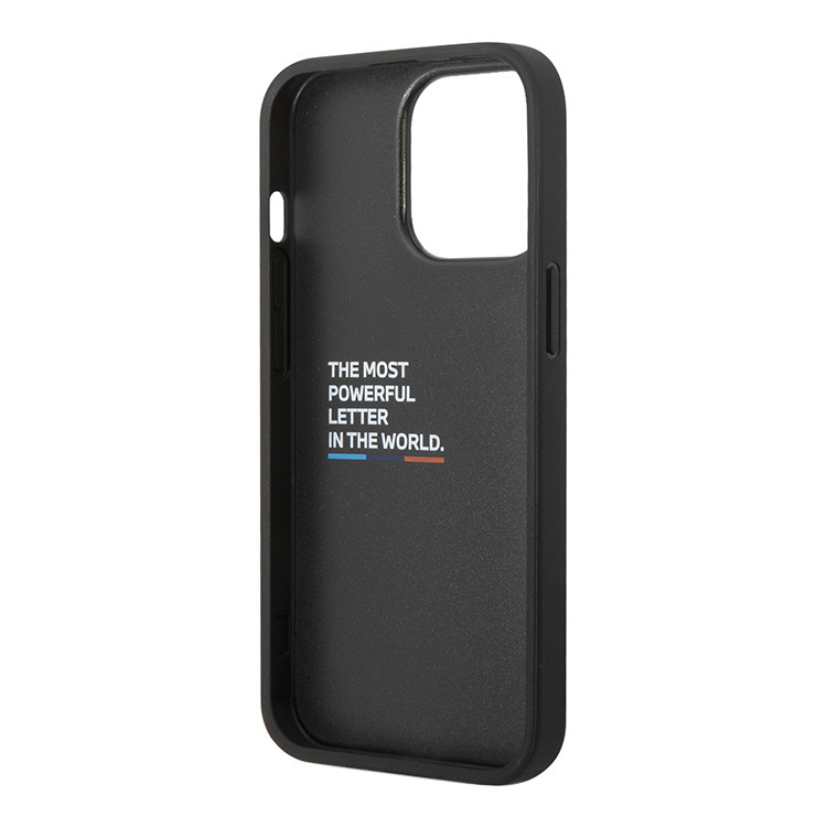 Чехол для iPhone 14 Pro Max BMW M-Collection PU Carbon with blue line Hard,черный, картинка 4