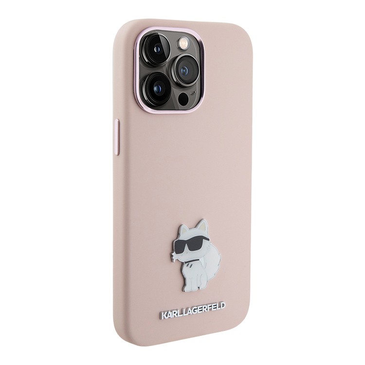 Чехол для iPhone 15 Pro Max KARL LAGERFELD Liquid silicone NFT Choupette metal pin Hard Pink, картинка 2