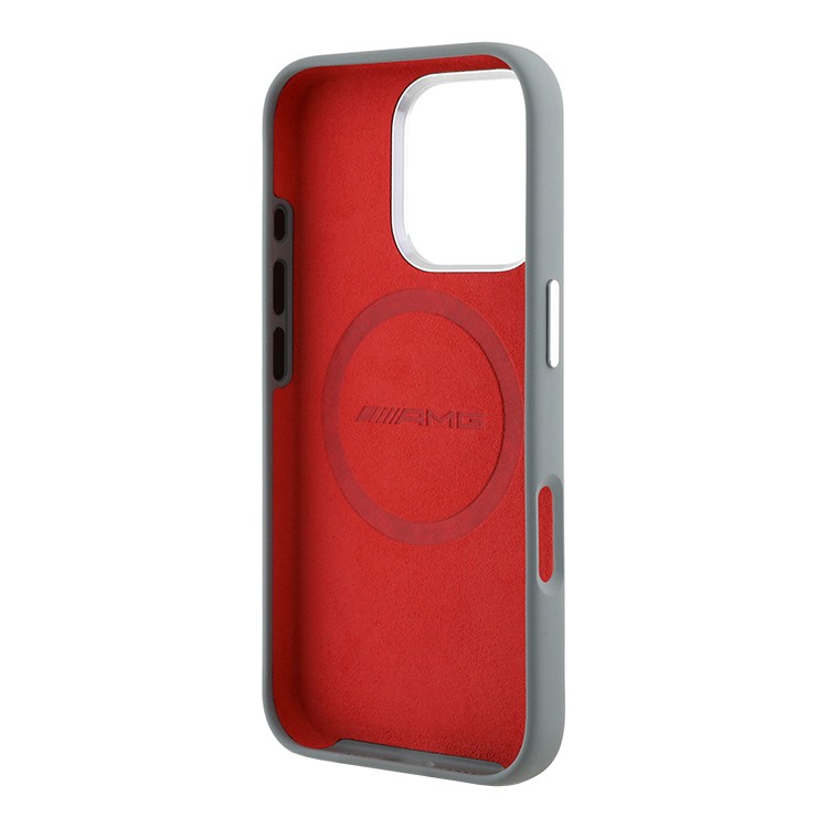 Чехол для iPhone 16 Pro Max AMG Liquid Silicone Bow lines Melal Camera Hard Grey/Red MagSafe, картинка 4