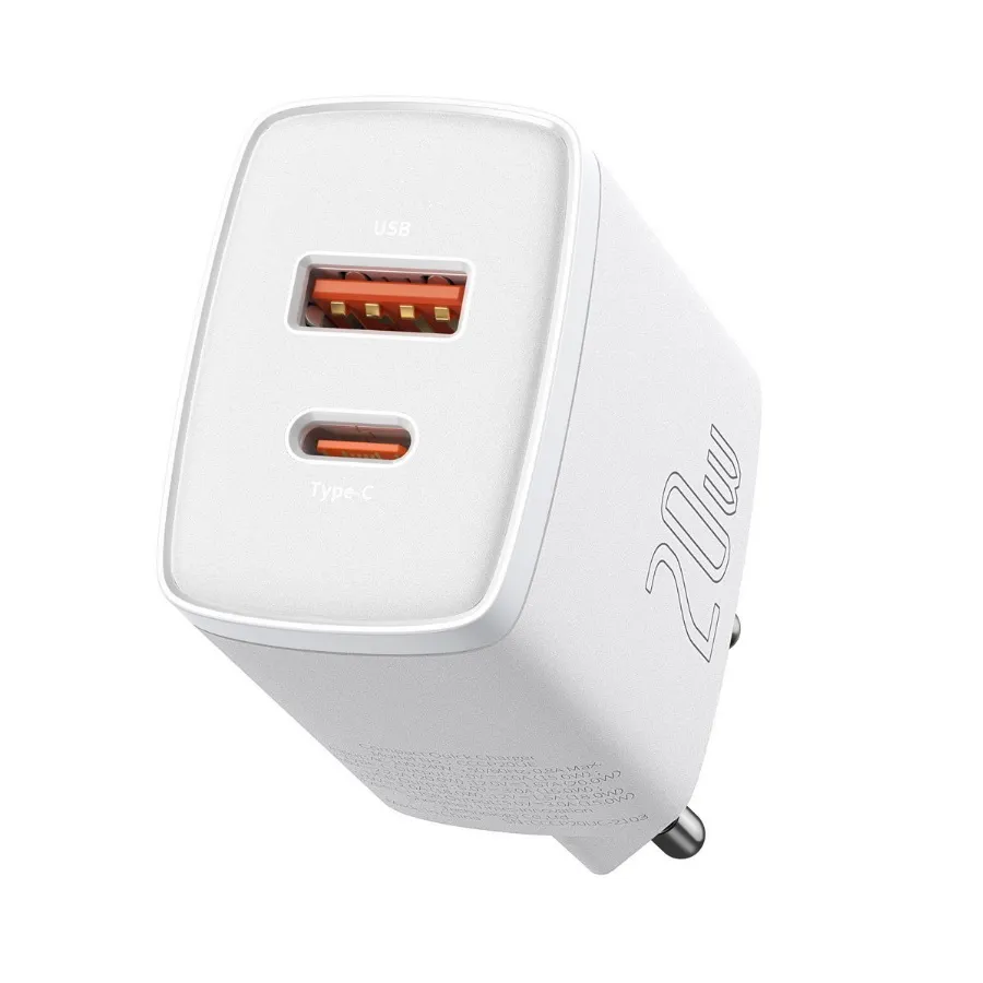 Сетевое зарядное устройство Baseus Compact Quick Charger 20W USB+Type-C, белый, картинка 1