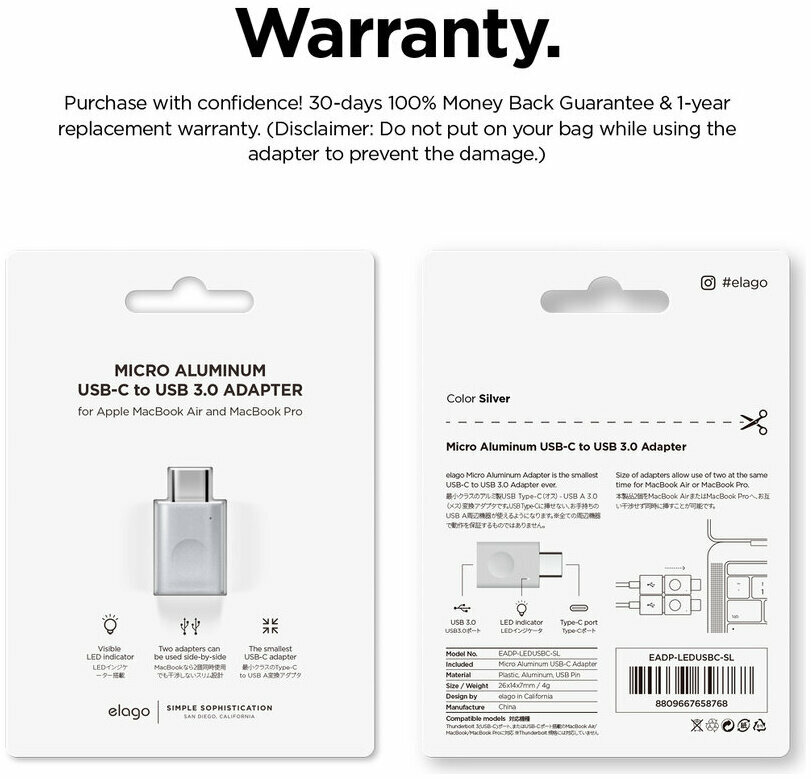 Адаптер Elago USB-C to USB-A Micro Aluminium LED Silver, картинка 7