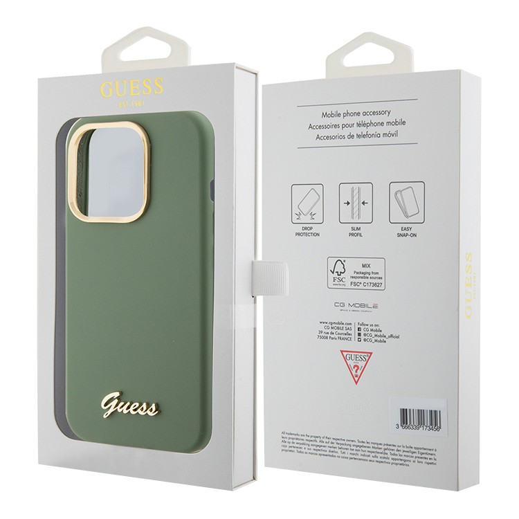 Чехол для iPhone 15 Pro Max GUESS Silikone Gold metal logo Camera fhame Hard Khaki, картинка 5