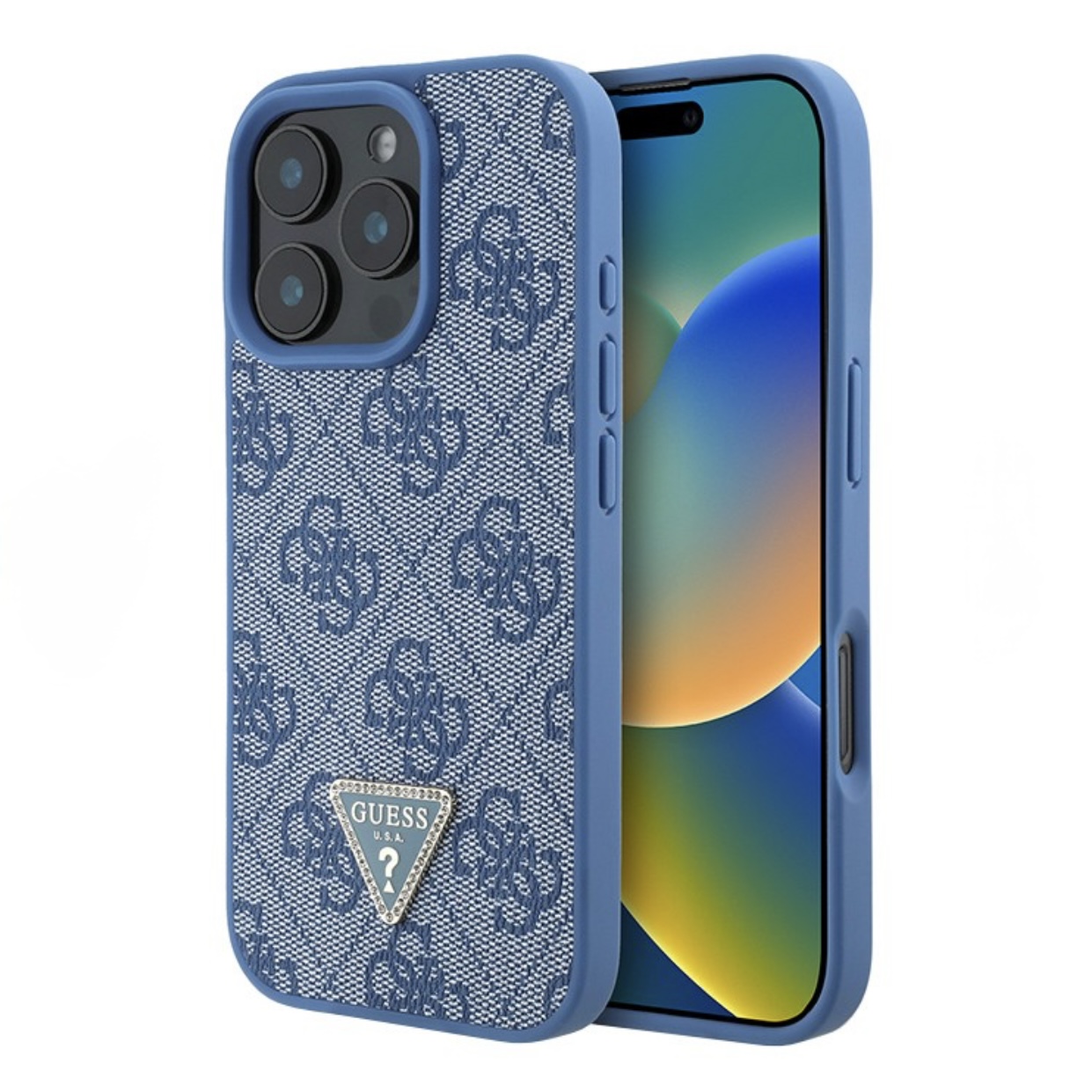 Чехол для iPhone 16 Pro GUESS PU Triangle Diamond metal logo Hard Blue  , картинка 1