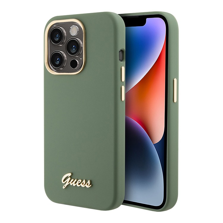 Чехол для iPhone 15 Pro Max GUESS Silikone Gold metal logo Camera fhame Hard Khaki, картинка 3