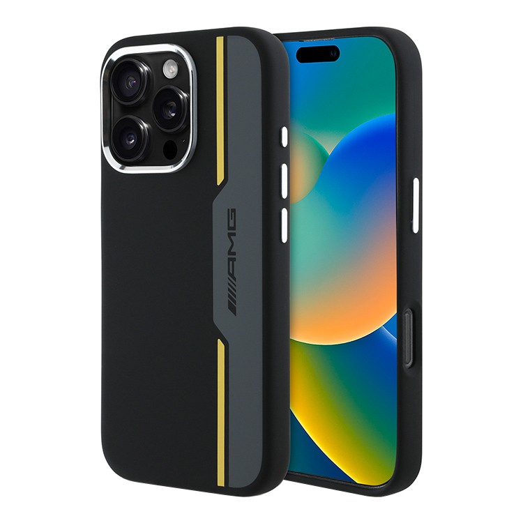 Чехол для iPhone 16 Pro AMG Liquid Silicone Bow lines Melal Camera Hard Black/Yellow MagSafe