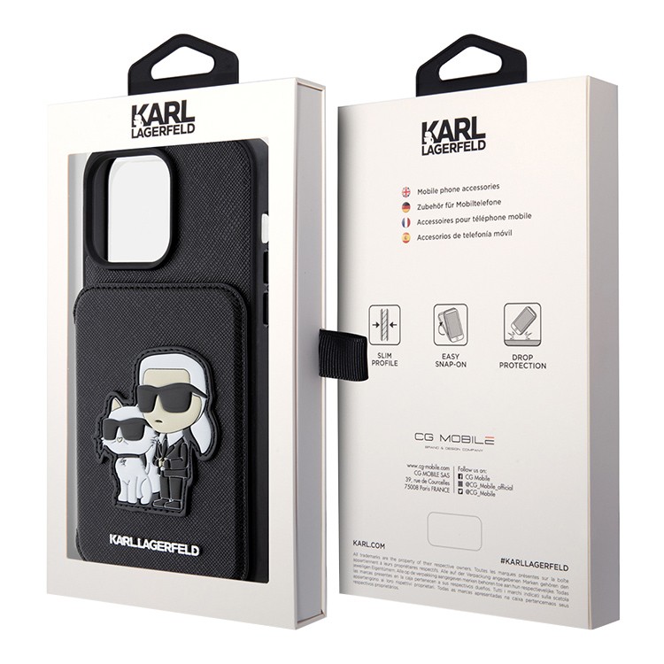 Чехол для iPhone 15 Pro Max KARL LAGERFELD Cardslot Stand PU Saffiano Karl & Choupette Hard Black, картинка 5