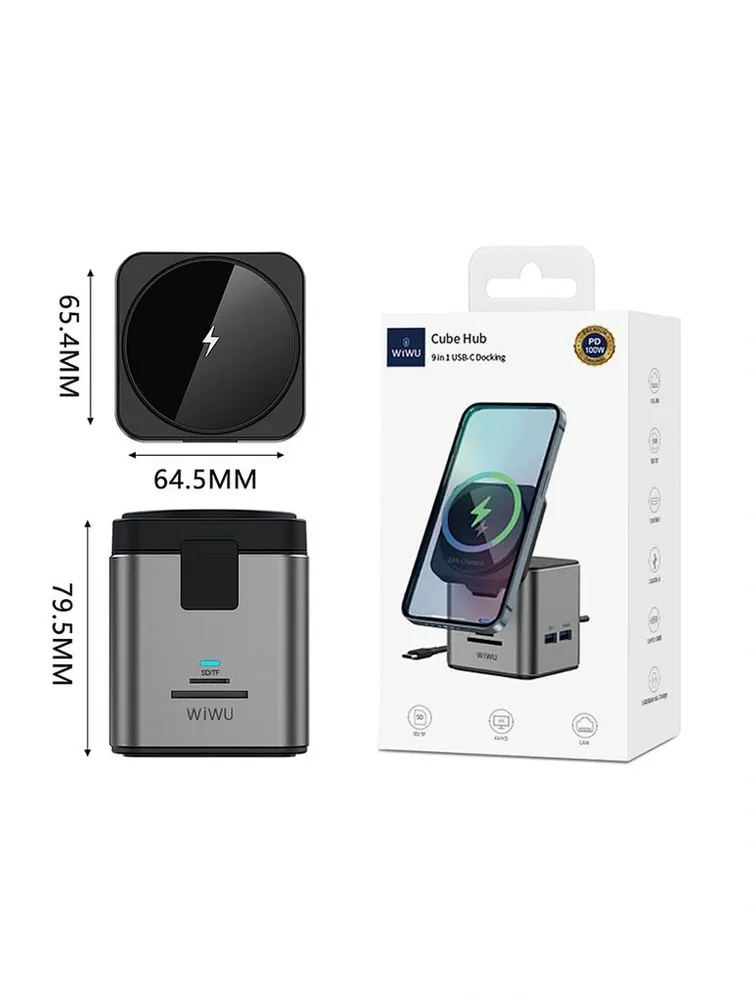 Беспроводное зарядное устройство WiWU Wi-W025 Cube Hub 9 in 1 USB-C Docking 100W Grey, картинка 3