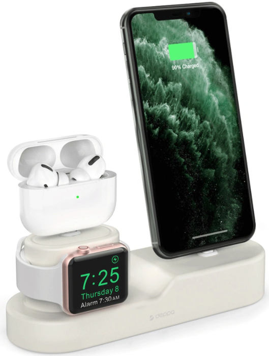 Подставка для зарядки Deppa 3-в-1 (iPhone, AirPods 1/2/Pro, Apple Watch 1/2/3/4/5) - кремовый, картинка 1