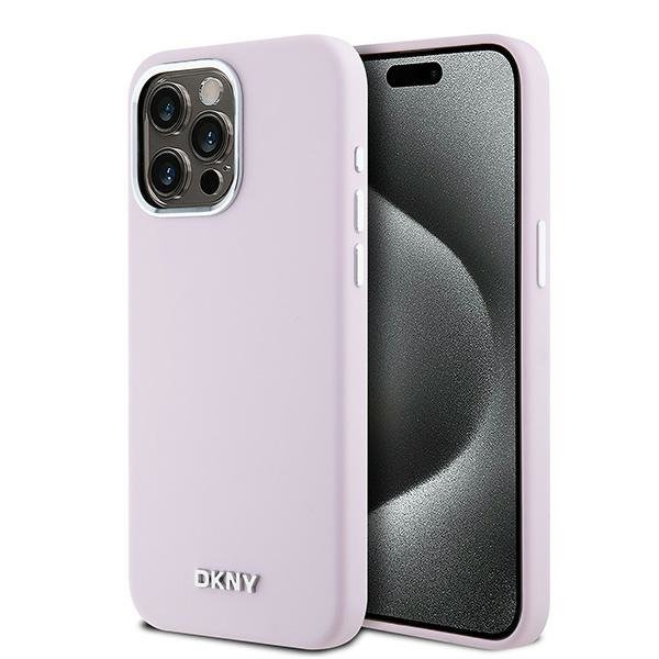 Чехол для iPhone 15 Pro Max DKNY Silikone Metal logo and Camera frame Hard Pink Magsafe, картинка 1