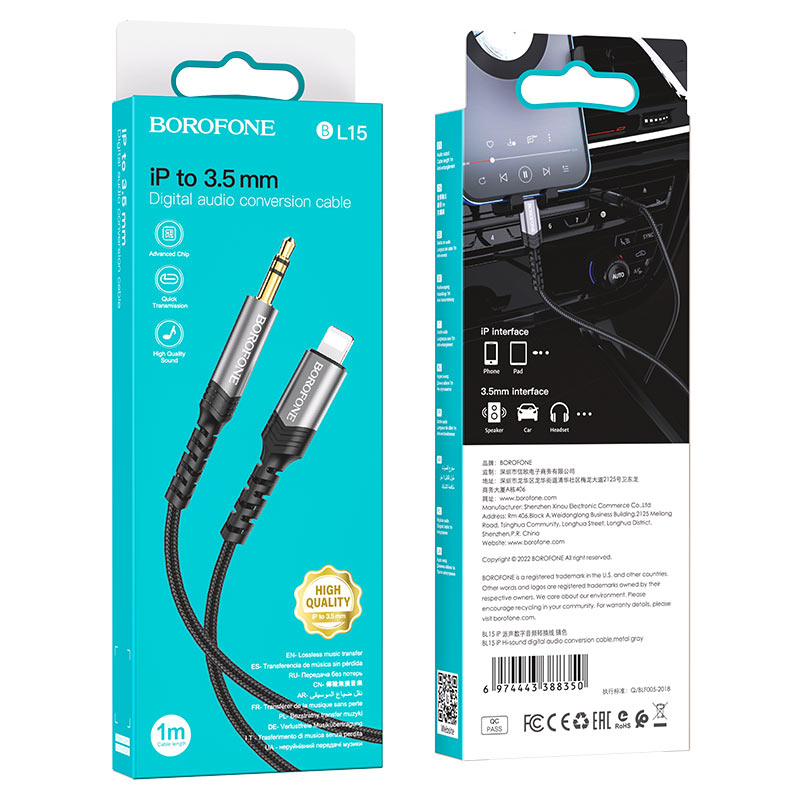 Кабель Borofone Digital audio conversion cable 3.5mm AUX Lightning 1M Black, картинка 3