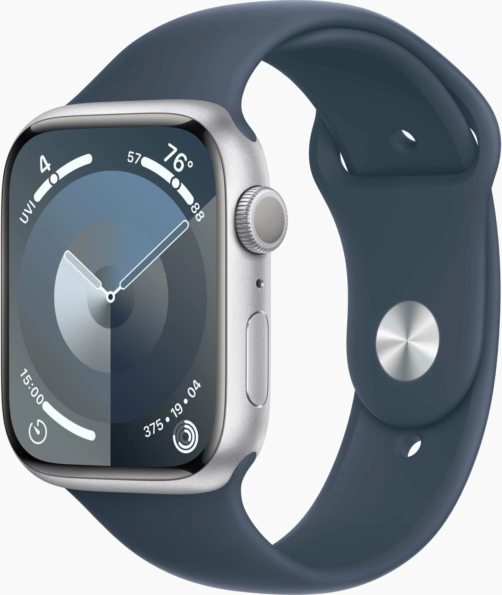 Apple Watch Series 9, 45 мм, корпус из алюминия серебристого цвета, спортивный ремешок синего цвета