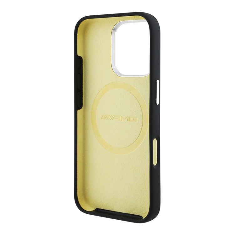 Чехол для iPhone 16 Pro Max AMG Liquid Silicone Bow lines Melal Camera Hard Black/Yellow MagSafe, картинка 4