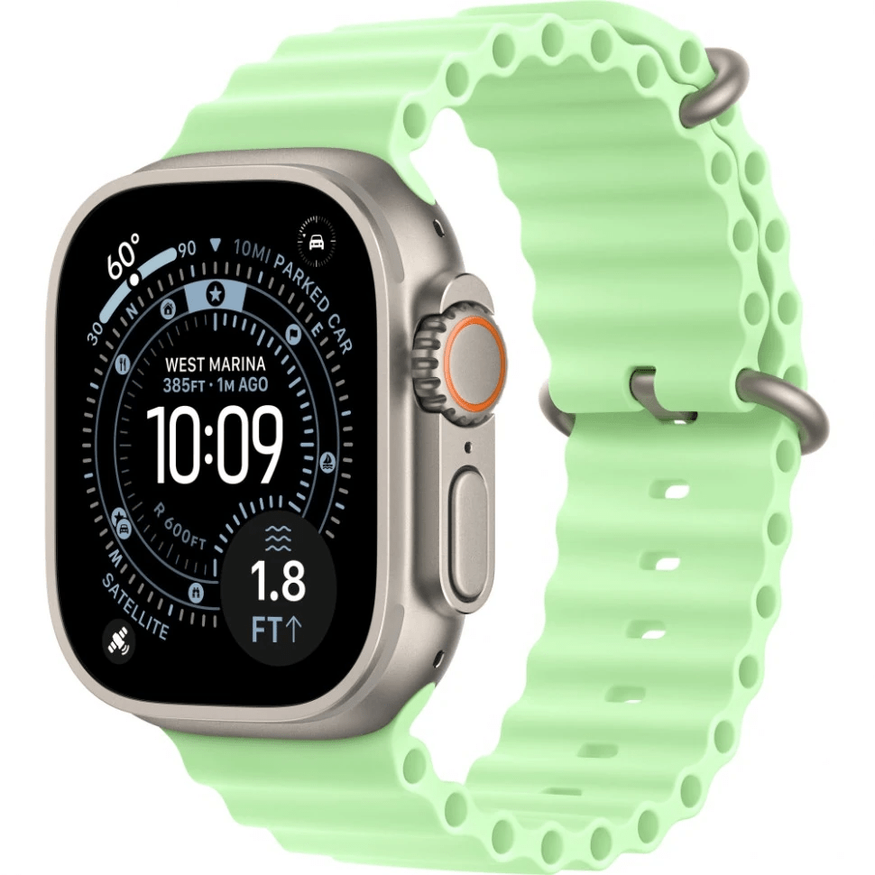 Apple Watch Ultra 3 GPS, 49 мм, натуральный титан, ремешок Ocean цвета «Neon Green», картинка 1