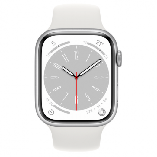 Apple Watch Series 8, 45 мм, цвета Silver, спортивный браслет White, слайд 2