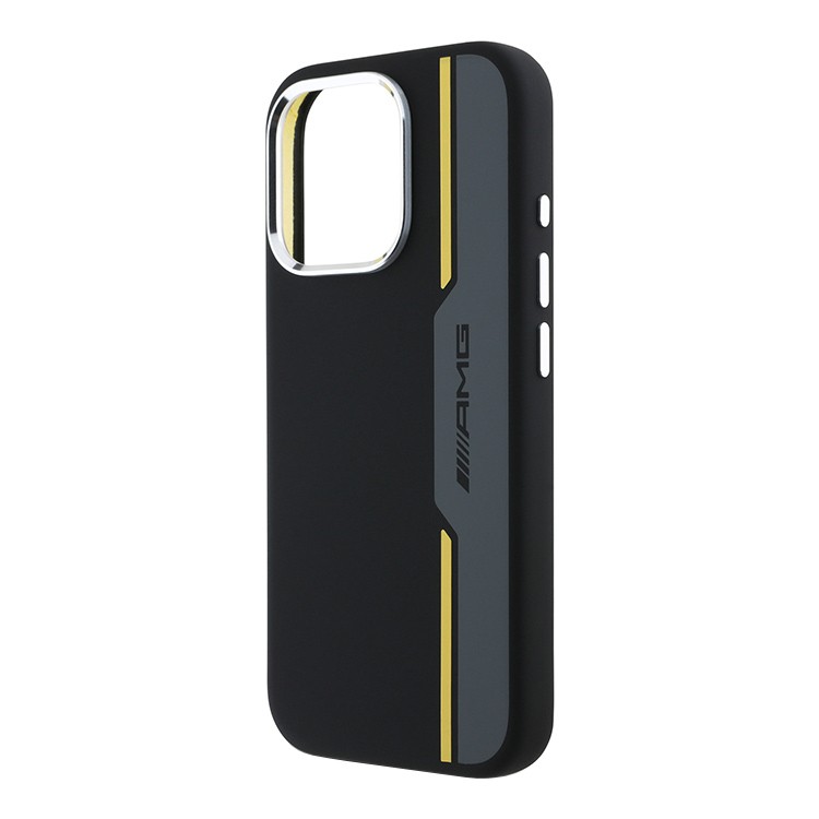 Чехол для iPhone 16 Pro Max AMG Liquid Silicone Bow lines Melal Camera Hard Black/Yellow MagSafe, картинка 3