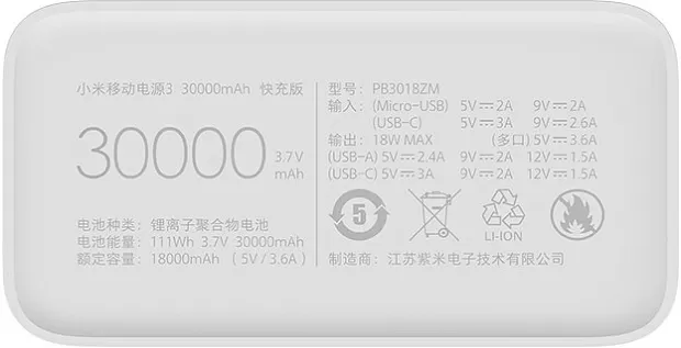 Внешний аккумулятор Xiaomi Power Bank 3 30000mAh White, картинка 8