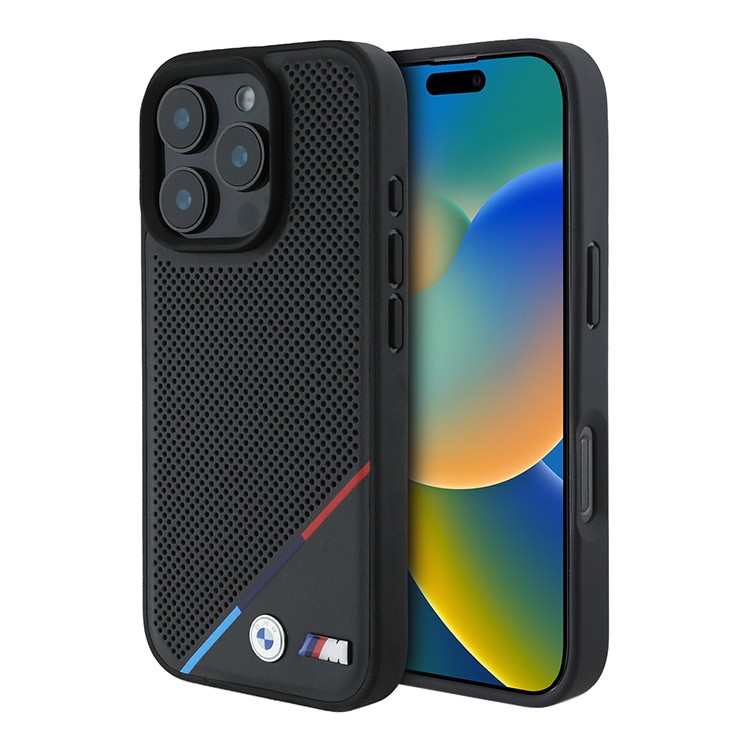 Чехол для iPhone 16 Pro Max BMW PU Perforated Tricolor Metal logo Hard Black MagSafe