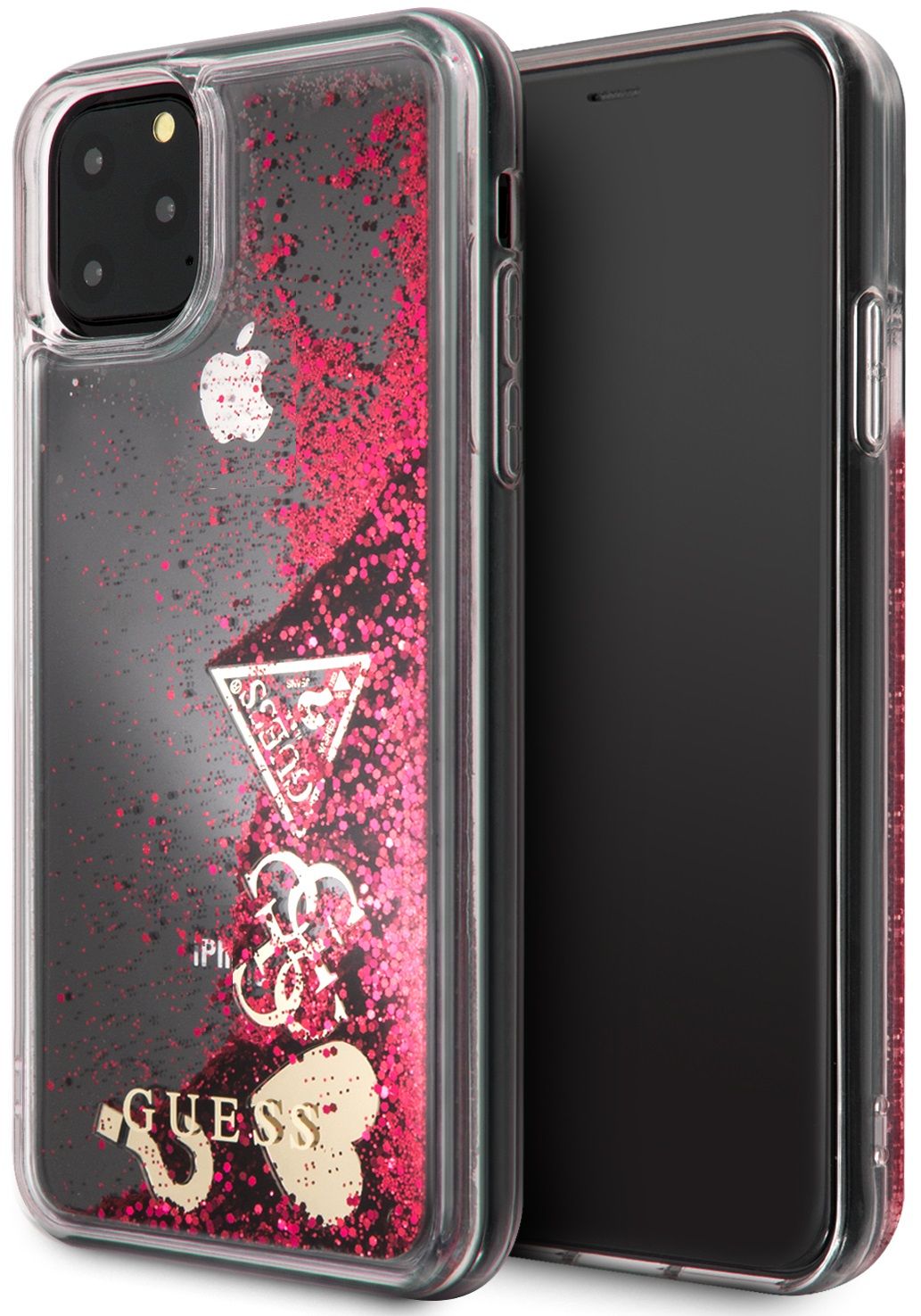Чехол Guess для iPhone 11 Pro Max Liquid Glitter Hard Hearts Raspberry