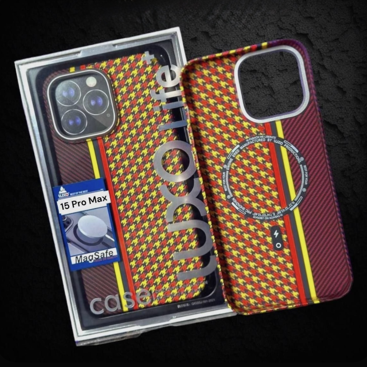 Чехол для iPhone 13 Pro FreeAir карбон с MagSafe желтый черный красный, картинка 1