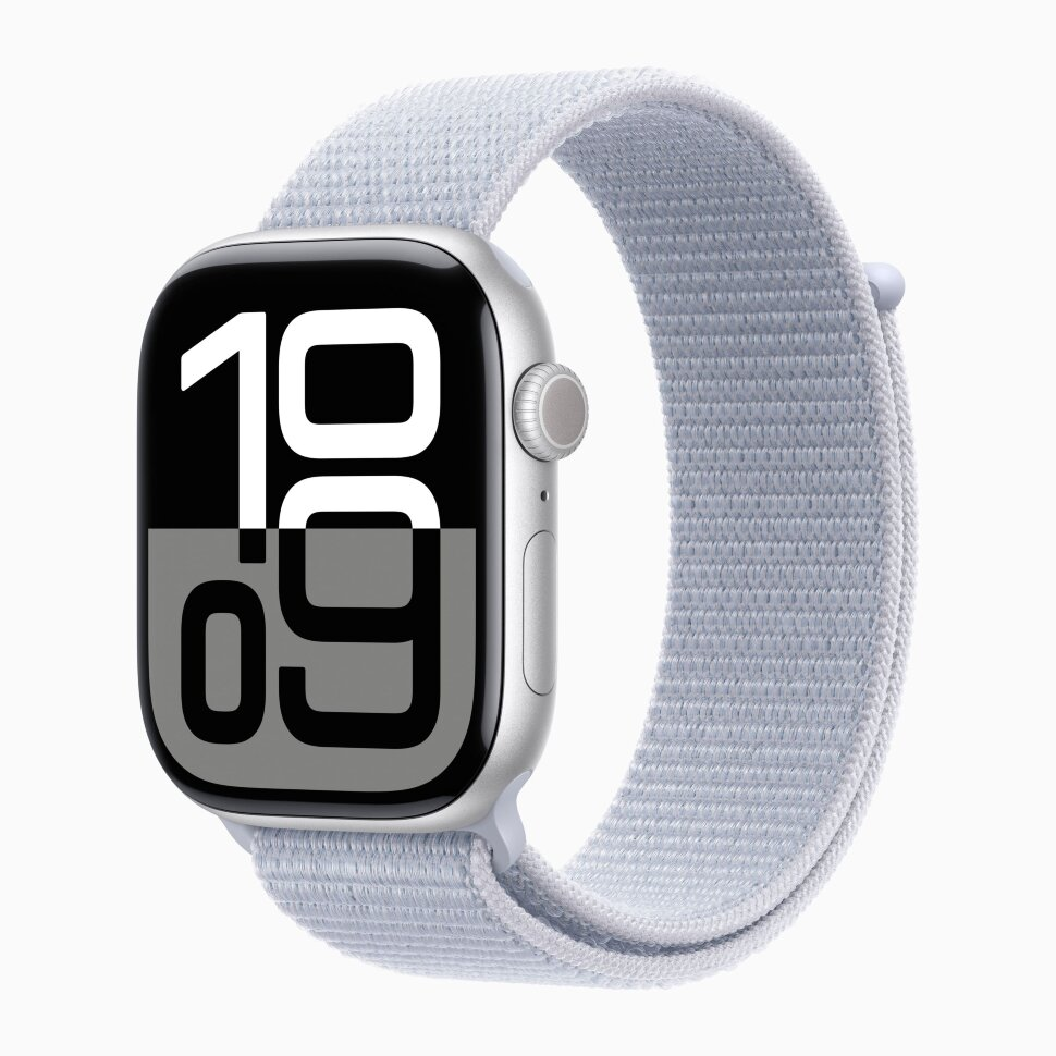 Apple Watch Series 10 GPS 46 мм, алюминий серебристого цвета, спортивный браслет цвета «Blue Cloud», картинка 1